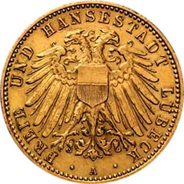 10 Mark Kaiserreich Lübeck 1905-1910 Stadtwappen Jaeger 228