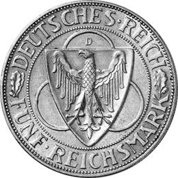 Jaeger 346 Weimarer Republik 5 Reichsmark Rheinlandräumung 1930