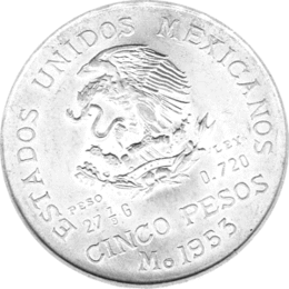 5 Pesos 1953 Mexico, Hildalgo im Lorbeerkranz