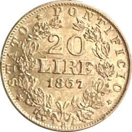 Vatikan 20 Lire Italien Pius IX 1867