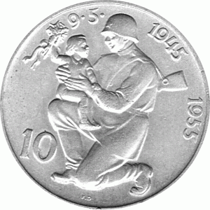 10 Korun, Tschechoslowakei, 1955,  Kniender Soldat mit Kind