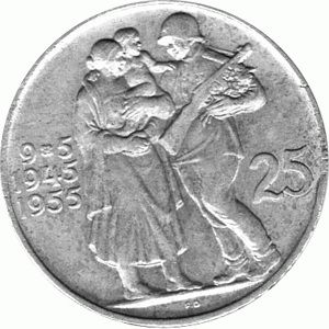 25 Korun, Tschechoslowakei, 1955, Mutter und Kind mit Soldat