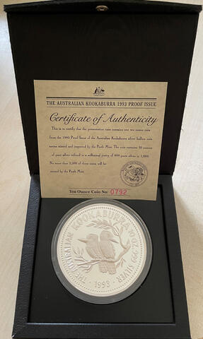 Kookaburra 10 Unzen PP Silbermünze Proof Perth Mint 1993