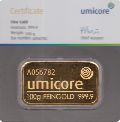 Goldbarren 100 Gramm Umicore