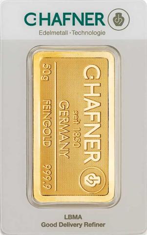 Goldbarren 50 Gramm Hafner geprägt Responsive & Fair