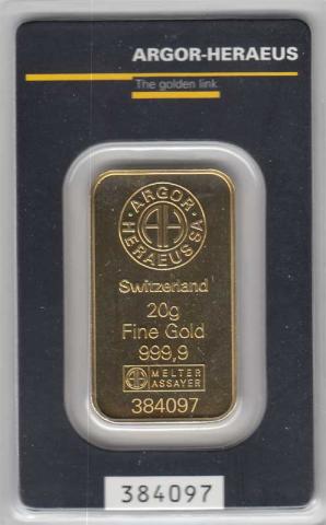 Goldbarren 20 Gramm Argor Heraeus