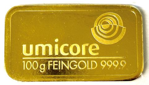 Goldbarren 100 Gramm Umicore geprägt alt