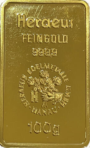 Goldbarren 100 Gramm Heraeus geprägt alt