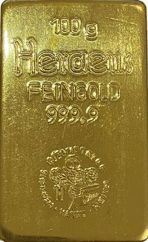 Goldbarren 100 Gramm Heraeus geprägt alt